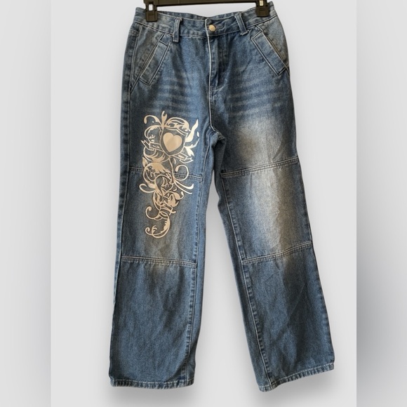 Women Low Rise Washed Baggy Jeans Heart Floral Graffiti Wide Leg Denim Sz Sm - Picture 3 of 7